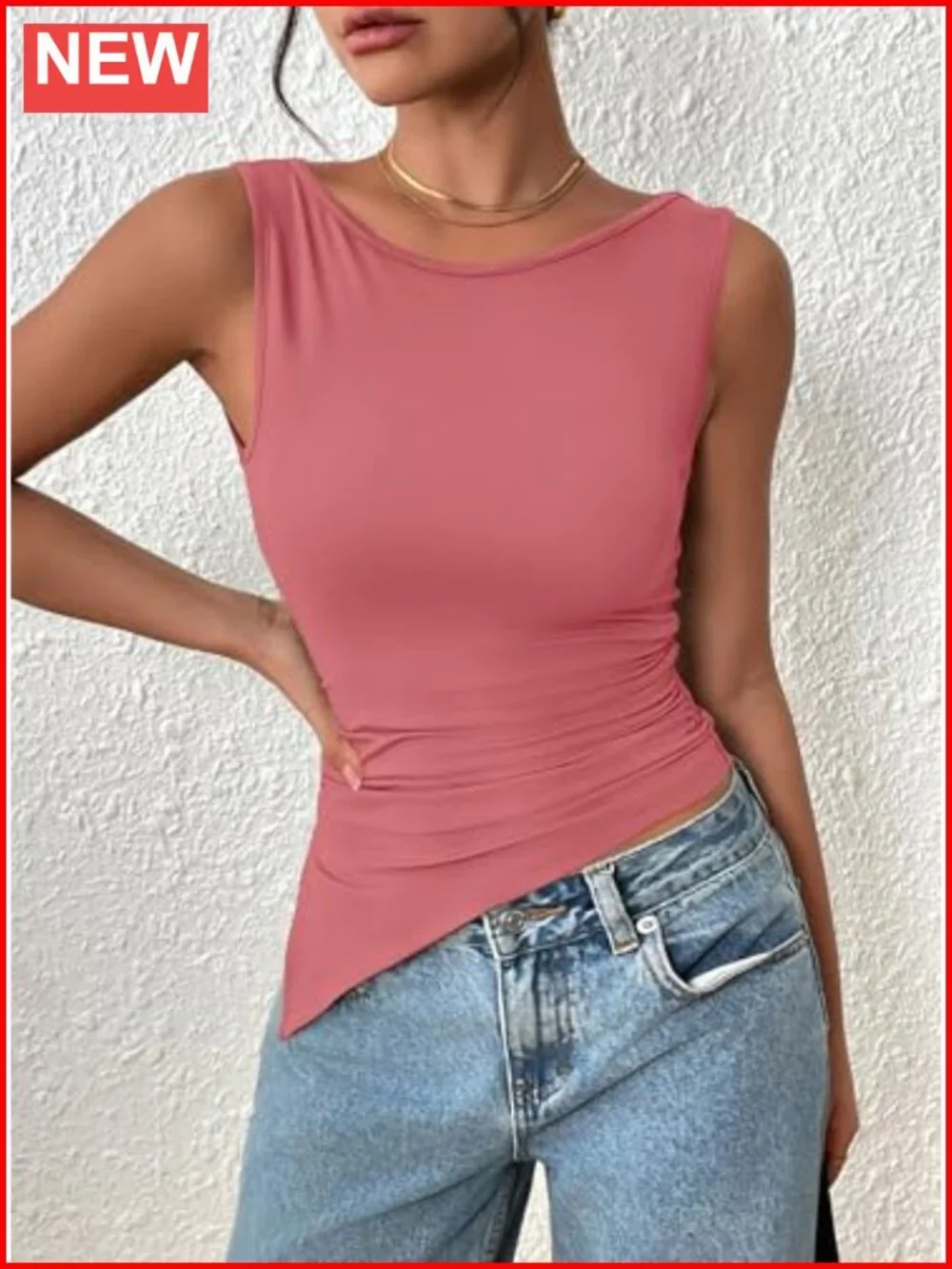 Women Ruched Tank Top Slim Fit Sleeveless Boat Neck Summer Y2K Shirt
